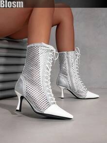 Blosm Damen Stiefeletten mit spitzer Kappe, Schnürung, Kontrastfarben und Cut-Out-Design, sexy Stiefeletten im europäischen Stil, einfarbig, knöchelhoch - Silber - Übersicht 6