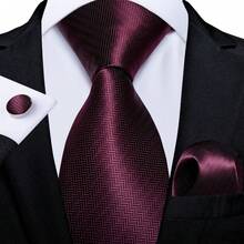 Wine Red Necktie Pocket Square Cufflinks Tie Clip 4pcs Set For Milestone Birthday Party & Fall Cocktail Social Gathering - Burgundy - View 2