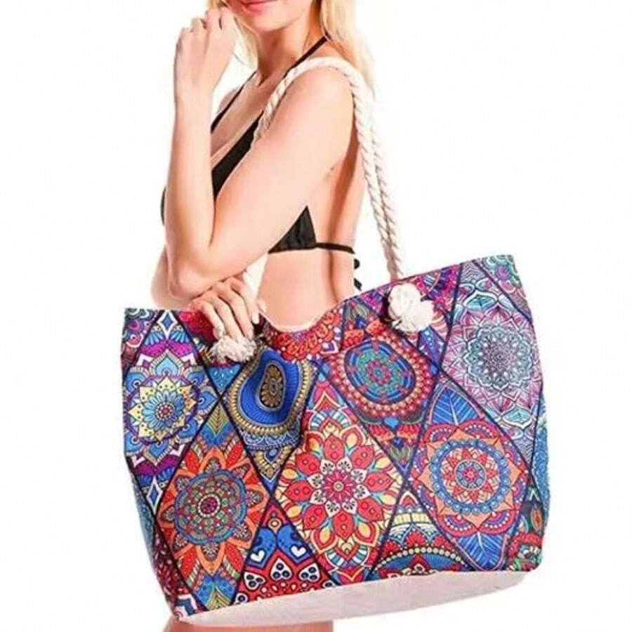 Fashion Geometric Pattern Bohemian Style Travel Beach Bag, Large Capacity Zipper Tote Bag, Outdoor Shopping Camping Handbag, Foldable Shoulder Bag - Perfect For Beach, Travel And Daily Use - Multicolor - View 1