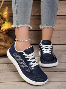 Sepatu Olahraga Wanita Ukuran Besar dengan Ujung Lebar, Bagian Depan Bergaris, Jaring, Bagian Depan Bertali, Sol Lebar Lembut, Ringan, Serbaguna, Modis - Navy Blue - View 4