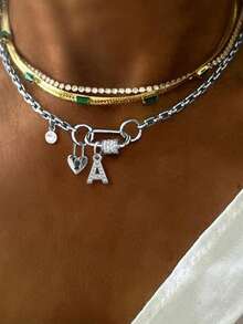 1pc Gold Screw Design A-Z Letter Necklace With Clasp And White Diamond Chain, Unique Luxury Style, Suitable For Women's Daily Work Decoration - Golden - View 10