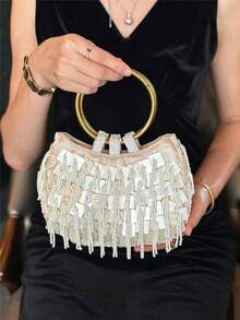 Women Evening Handbags,Half Moon Ring Top Handle Bag, White Bead Tassel Sequin Pattern,Large Gold Round Ring Handle For Wedding Prom Gala Club Party - Champagne - View 5