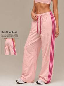 Vintage Four Stripe High Waist Drawstring Loose Leg Sweatpants - Pink - View 2