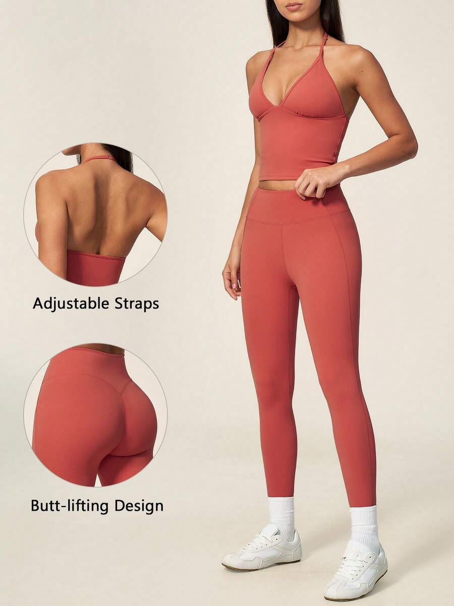 TimeOff Women's One Set Solid Color Deep V Halter Neck Tank Top With Adjustable Straps And High Waist Leggings Set - Red - View 1
