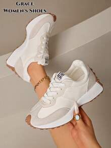 Women's Lightweight Running Sneakers, Featuring A Lace-Up Closure Design, Versatile Flat Sole, Available In Multiple Colors, Suitable For All-Season Outdoor Activities. - White - View 3
