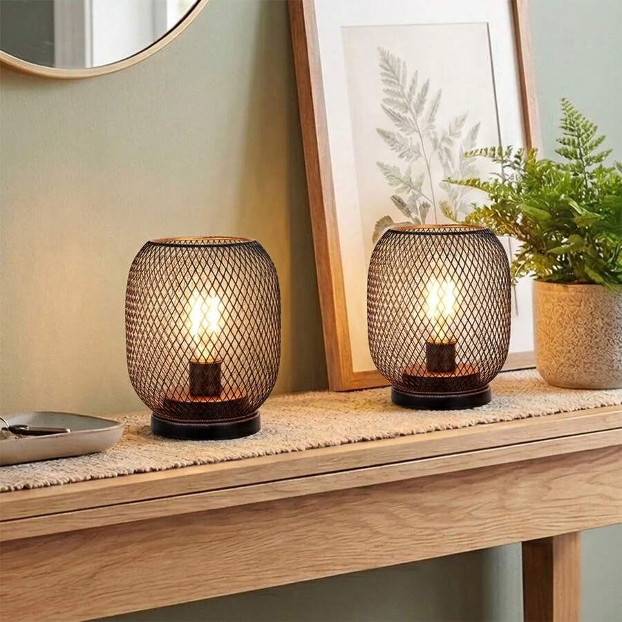 Set Of 2 Battery Operated Table Lamps, 7 Inch Black Metal Cage Cordless LED Lights With Warm Glow For Bedroom, Living Room, Wedding And Party Decor - 黑色 - 查看 1