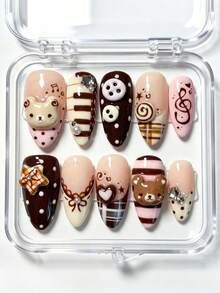 10pcs Y2K-Style Press-On Nails Featuring 3D Bear, Button, Plaid, And Musical Note Accents; Medium Almond Shape; Suitable For Daily Wear Or Autumn/Winter Dates. - Multicolor - View 1