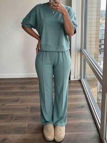 Vaiaye Women's Summer Green Sports 2 Pieces Set, Short Sleeve Top + Wide Leg Sports Pants, Suitable For Gym, Streetwear, Beach And Vacation Elegant - Dark Green - View 10