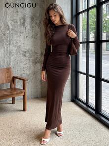 Women Elegant Knit Dress Boat Neck Long Sleeve Backless Cutout Ruched Slim Fit Outfits For Going Out Dating Prom - Brown - View 4