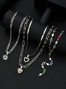 4pcs Y-Shaped Necklace Vintage, Elegant Multi-Layered Heart & Sun Colorful Rhinestone Bling Bling Shiny Chain Snake Bone Chain Minimalist Metal Style Pendant Necklace Set, Long Necklace, Fashion Simple Elegant Exquisite Retro Design, Holiday Vacation Party Date Gift, Daily Commute Wear - Silver - View 3