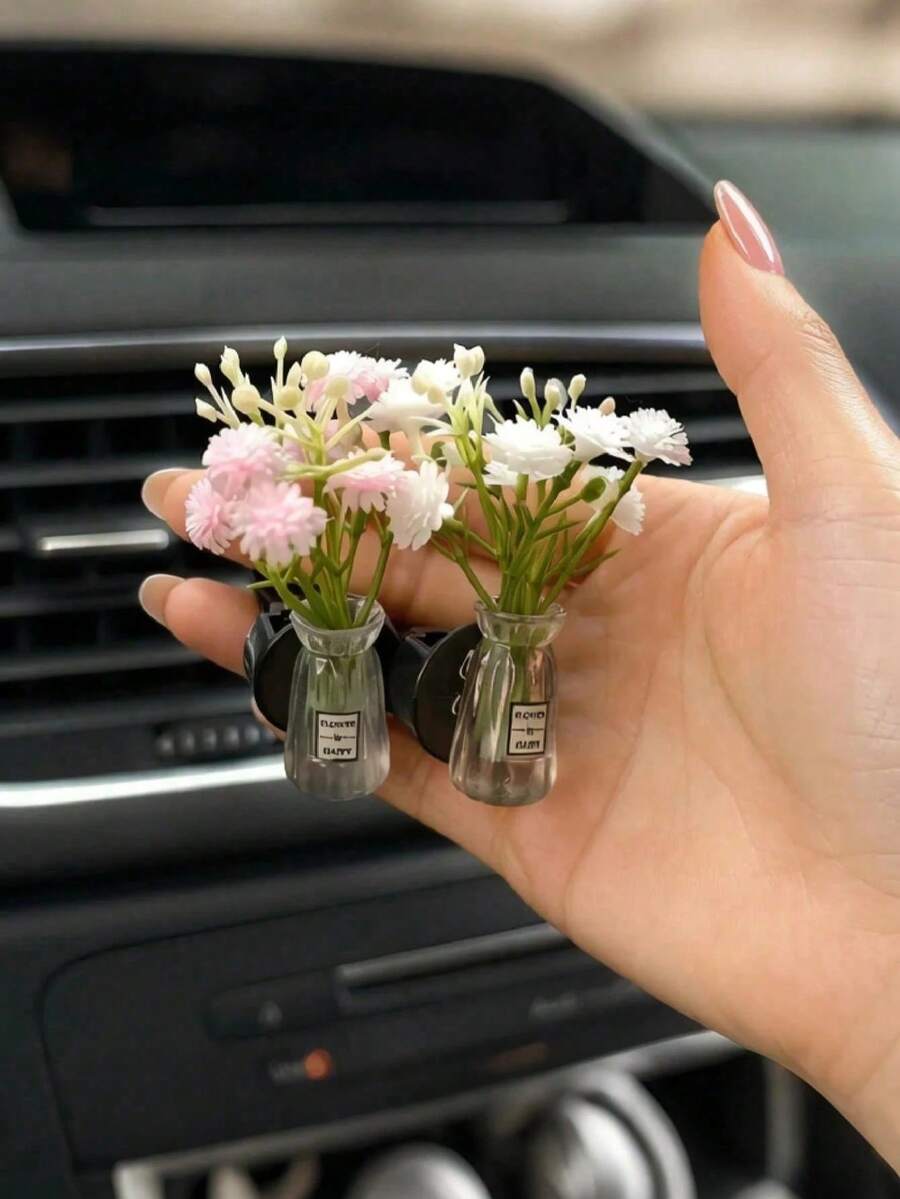 迷你花瓶汽車出風口夾,人造康乃馨香氛擴香器,可愛汽車內飾裝飾與車用香氛 - A - 查看 1