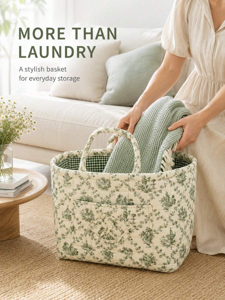 Quilted Fabric Storage Basket/Laundry Hamper With Handles And Side Pockets; Foldable Organizer Bin Featuring A Boho Floral Print; Suitable For Home, Picnic, And Office Use, As Well As Organizing Living Rooms, Bedrooms, Bathrooms, And Closets. - Multicolor - View 1