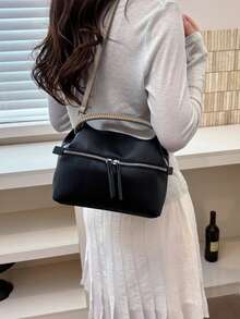 1 pieza Bolso versátil para mujer, bolso bandolera de moda retro de unicolor, material de cuero PU, correa de hombro ajustable, bolso de uso diario, adecuado para mujeres jóvenes - viajes, trabajo, compras, aula universitaria, citas, regalo para mujeres, desplazamientos de negocios, oficina - Negro - Ver 7