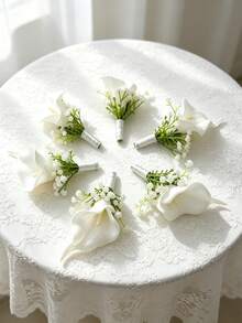 1pc/3pcs/6pcs Elegant White Calla Lily With Artificial Greenery Mori Style Corsage Set, Suitable For Groom, Bride, Wedding Decor, Evening Party, Anniversary - White - View 8