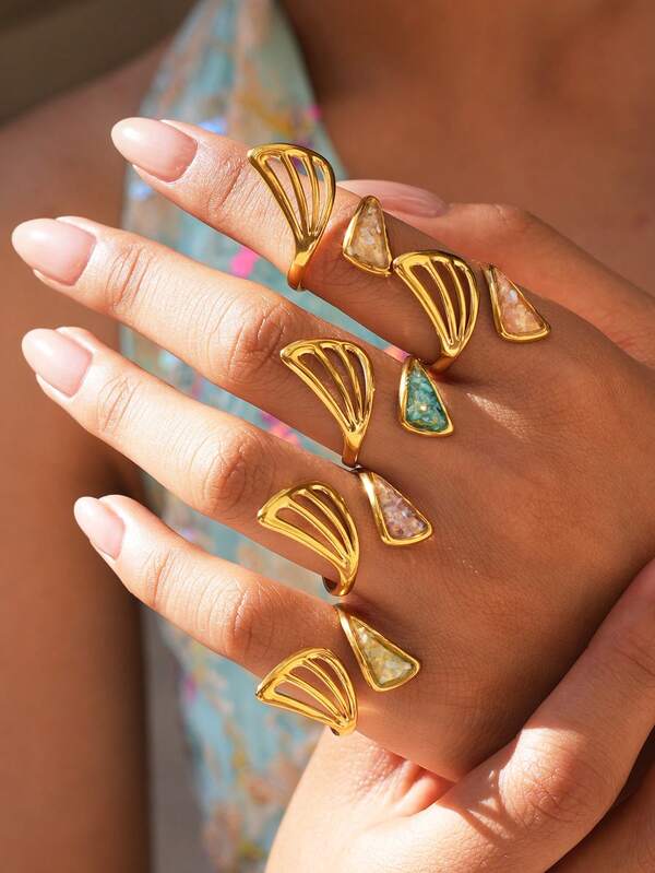 1pc Hollow Fan-Shaped Shell Open Ring, Stainless Steel 18K Gold Plated Ring, Stackable Ring, Bohemian Ocean Beach Jewelry Gift