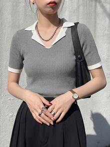 Retro Design 2 In 1 Contrast Color Splicing Polo Collar Short Sleeve Knit T-Shirt, Women Summer New Slim Fit Unique Exquisite Top - Grey - View 2