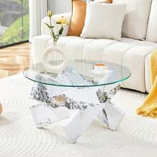 Multi-Color Optional MDF + Glass Round Coffee Table: White Faux Marble Patterned Support Legs - 白色 - 查看 1
