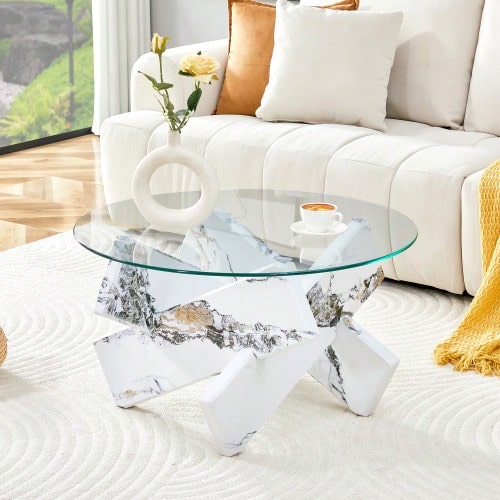 Multi-Color Optional MDF + Glass Round Coffee Table: White Faux Marble Patterned Support Legs - 白色 - 查看 1