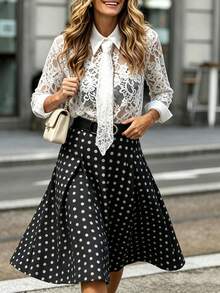 Women's Autumn/Winter Preppy Style Sheer Lace Blouse With Collar And Matching Tie, Contrast Cuff Design, Elegant And Feminine Vacation White - White - View 8