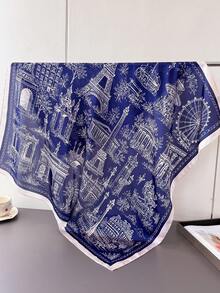 1pc Women's Landscape Pattern Faux Silk Square Scarf, Multi-Functional Fashion Headband Sun Protection Shawl, Suitable For Daily Wear, Vacation, Decorative Ribbon - Navy - View 2