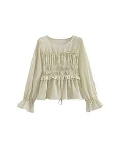 Korean-Style French Gentle Sweet Frill Trim Ruched Cinched Waist Flounce Sleeve Blouse - Apricot - View 5