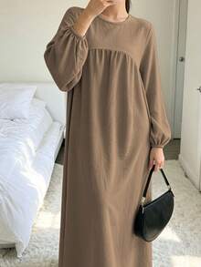 1pc New Plus Size Dress With Ruched Chest, Lantern Sleeve Design, Classic Versatile Abaya For Women's Daily Wear - Multicolor - View 18