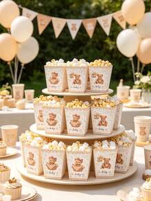 10pcs Bohemian Teddy Bear Paper Popcorn Boxes, Neutral Bear Baby Shower Candy Boxes, We Can Wait Theme Popcorn Boxes, Food Boxes, Snack Boxes, French Fries Boxes, Bread Boxes, Birthday Decorations, 1st Birthday Party Decorations, Baby Shower Party Supplies, Gender Reveal Table Decor, Home Decor, Family Gathering Supplies - Brown Bear - View 1
