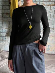 Áo len nữ tay dài hở lưng thanh lịch, áo kiểu cổ thuyền dáng vừa, phù hợp cho mùa thu - màu đen - Xem 6