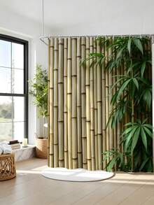 1pc Bamboo Fence Greenery Shower Curtain - Suitable For Bathroom Decoration, Easy To Clean, Exquisite Home Decor, Bathroom Partition Curtain, Decorative Shower Curtain, Bathroom Accessories Home Decor Gift - Includes 12 Hooks - Multicolor - View 6