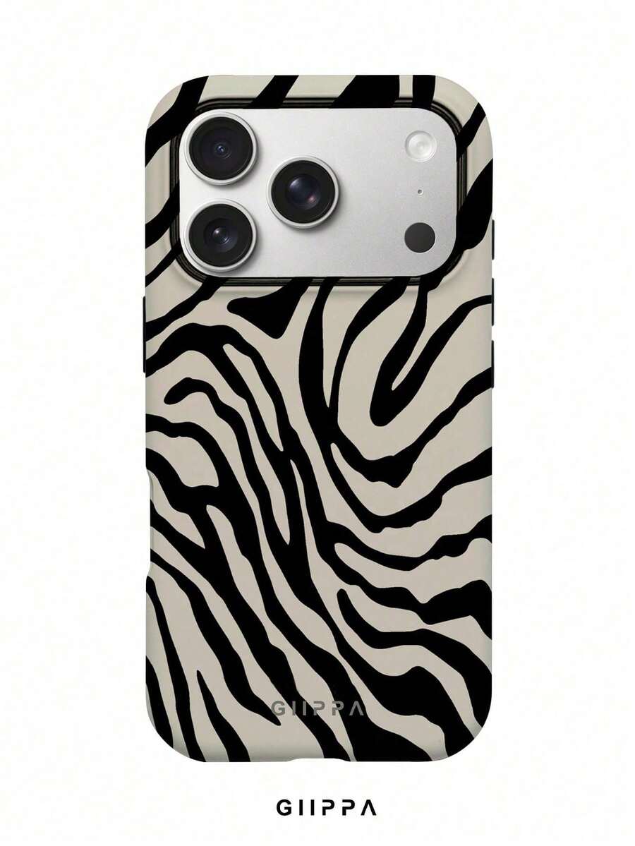White Fashionable Shockproof Zebra-Pattern Beige Phone Case, Durable, Waterproof, Glossy Surface, Elegant Abstract Hard Case, Compatible, Spring Gift - 白色3 - 查看 1
