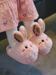 1 Pair Unisex Plush Slippers, Rabbit Ear Design, Fuzzy Lining, Non-Slip Soft Rubber Sole, Suitable For Toddlers And Children Indoor Warm Home Slippers - Pink - View 3