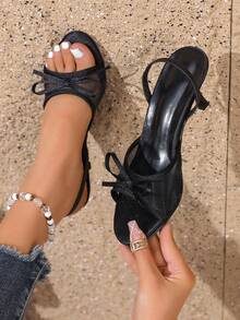 Square Toe Thin Heel Back Strap Fashion Peep Toe Sandals Outdoor Wear Women's Sexy Open Toe Bow Knot Square Toe High Heel Sandals - Black - View 3