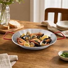 26cm Red Stainless Steel Round Paella Pan, Seafood Serving Dish With Red Handles - View 2