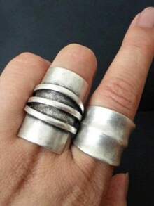 Gmzalx Conjunto de 2 anillos de banda ancha de moda minimalista única y creativa, accesorio perfecto de joyería multifuncional para mujer, adecuado para uso diario, vacaciones y diversas ocasiones - Plateado - Ver 4