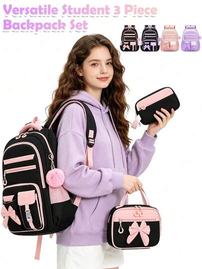 3-Piece Large Capacity Student Backpack Set, Multi-Compartment Design With Luggage Strap, Lunch Bag And Pencil Case, Suitable For Girls' Daily School Use