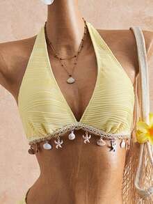 Set Bikini 3 Potong Wanita Warna Kuning Murni dengan Leher Halter, Rok Berpotongan Rumbai Motif Bintang Laut dan Cangkang dengan Tali Serut, Kain Bertekstur, Cocok untuk Liburan Pantai dan Perjalanan Musim Panas - Kuning muda - View 12