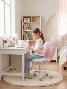 WAHSON OFFICE CHAIRS 1PC Faux Fur Study Desk Chair For Teenagers Height Adjustable Swivel Computer Chair Armless With Heart-Shaped Backrest Kids Chair - 粉色 - 查看 2