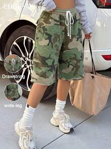 EDGEYOG 女款迷彩印花抽繩百慕大運動短褲 夏季秋季休閒 Y2K 中腰寬鬆版型 適合街頭健身日常穿著返校季 - 橄欖綠 - 查看 1