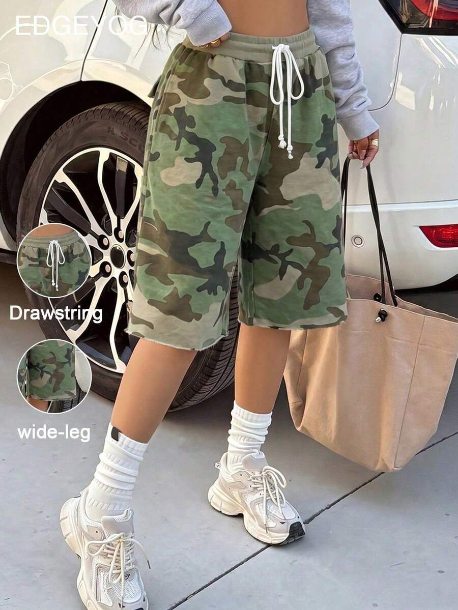 EDGEYOG 女款迷彩印花抽繩百慕大運動短褲 夏季秋季休閒 Y2K 中腰寬鬆版型 適合街頭健身日常穿著返校季 - 橄欖綠 - 查看 1