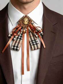 Vintage Embossed Beauty Portrait Plaid Bow Tie, Caramel Satin Ribbon Rhinestone Pendant Collar Flower, Preppy Shirt Suit Collar Accessory - Coffee Brown - View 11
