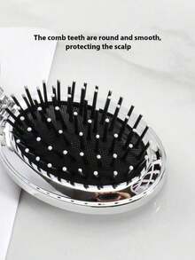 1pc Shiny Electroplated Silver Oval Folding Pocket Comb With Built-In Mirror, Compact Portable Travel Comb For Bags, Unisex - Multicolor - View 2