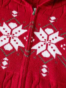 Girls' Preppy Style Geometric Pattern Cable Knit Hooded Cardigan Sweater, Long Sleeve, Suitable For Christmas, Daily Wear, School, Spring, Autumn, Winter - Red - View 5