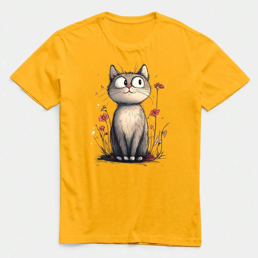 Camiseta VIntage Feminina Gata Gatinha Flor Florzinha Delicada Fofa 100% Algodão - Envio Imediato Mood Vest - Amarelo - Visão 1