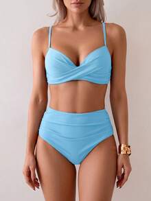 Summer Solid Color Elegant Bohemian Sweet Style Two Pieces Bikini Swimsuit Beach Vacation Set - Sky Blue - View 4