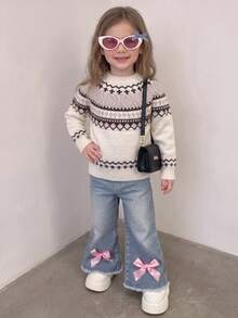 Girls Fair Isle Sweater, Tween Nordic Knit Pullover With Geometric Pattern, Crew Neck Long Sleeve Preppy Top, Casual Daily Wear, Fall Winter - Multicolor - View 3
