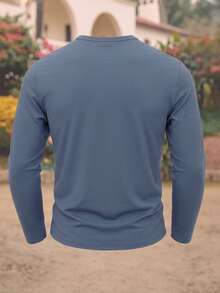 Men's Solid Blue Grey Loose Long Sleeve Henley Shirts Streetwear Button Neck Casual Top - Grey - View 4