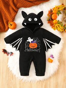 H HIBOBI Infant Halloween Bat Hooded Romper 0-9M Baby Fleece Crawler Embroidered Pumpkin Ghost Pattern Newborn Photo Party Outfit - Black - View 11