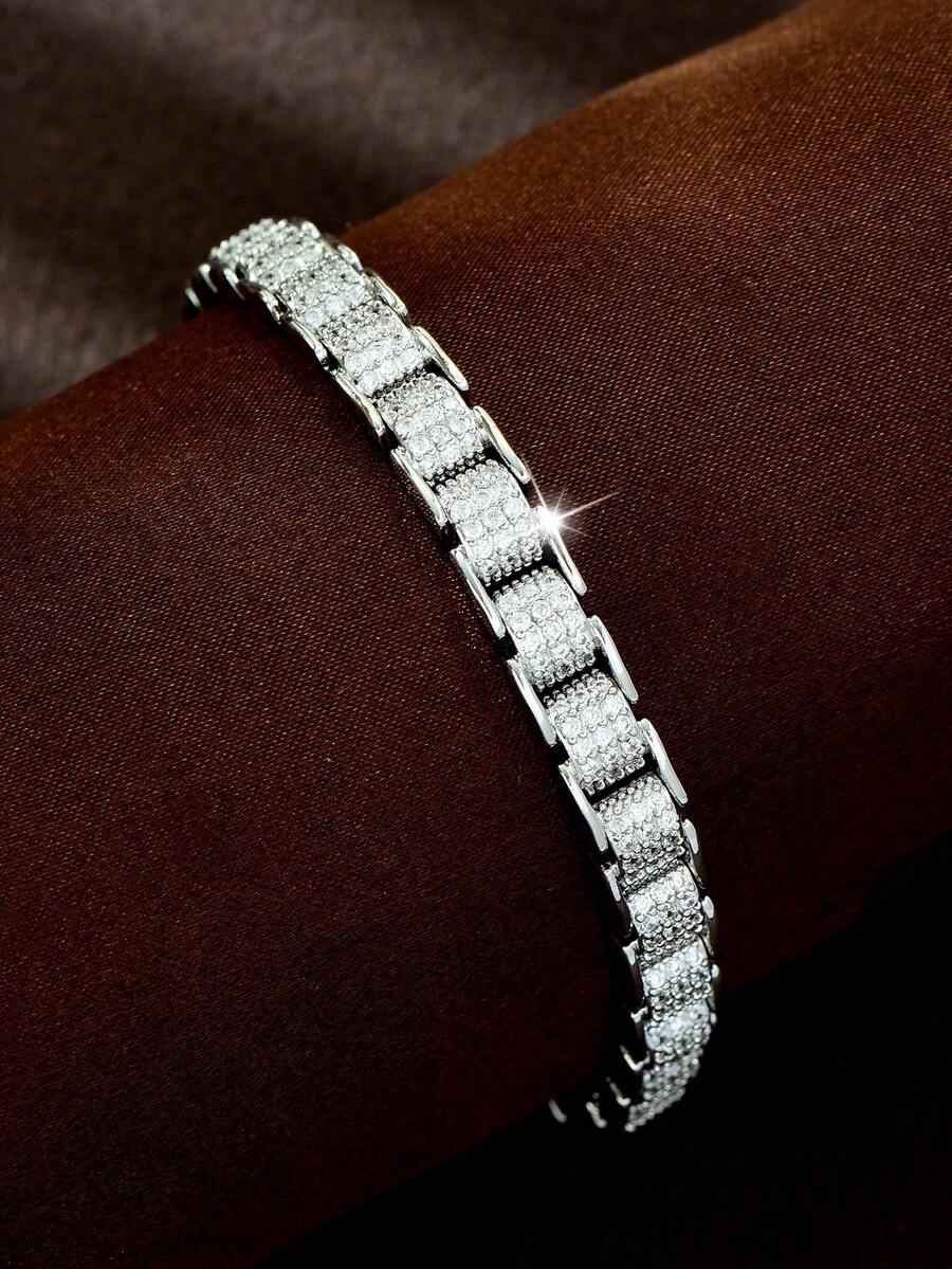 1pc Korean Style Elegant Layered Segmented Full Zirconia Silver Bracelet, Minimalist Chic Design, Suitable For Best Friends Afternoon Tea And Daily Wear Jewelry - Silver - View 1