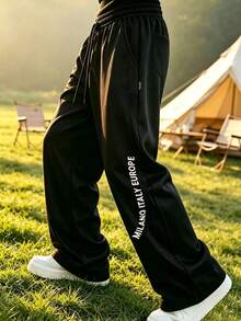 Men's Mesh Patchwork Letter Print Drawstring Waist Joggers, Casual Loose Fit Sports Long Pants, Suitable For Daily Outdoor Wear - Black - View 1