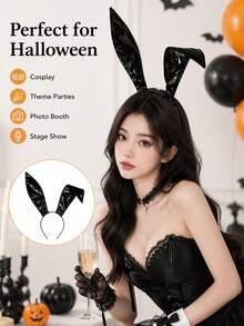 1pc Shiny Patent Leather Rabbit Ear Headband, Long Foldable Rabbit Ear Headband, Halloween Cosplay Bunny Costume Party Hair Accessory - Black - View 2